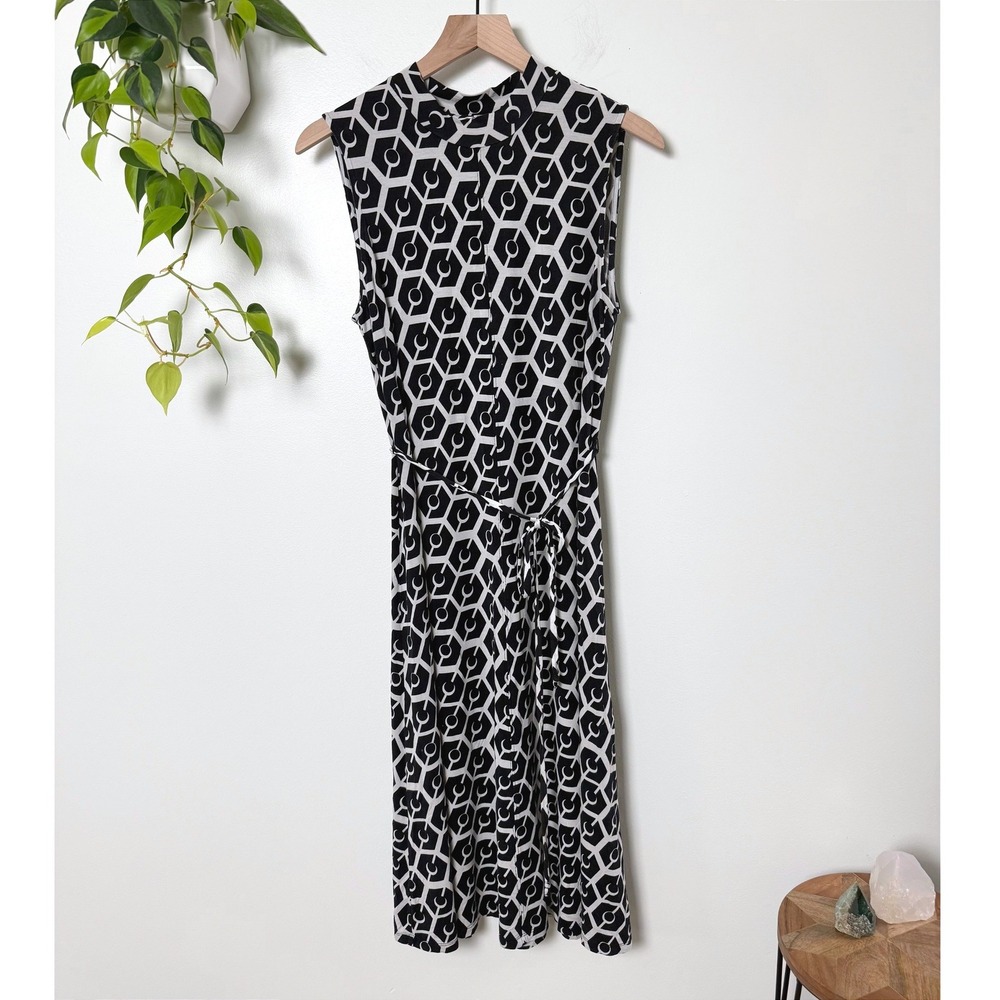 Boden Black White Geometric Honeycomb Mock Neck Midi Dress Tie Waist 12R